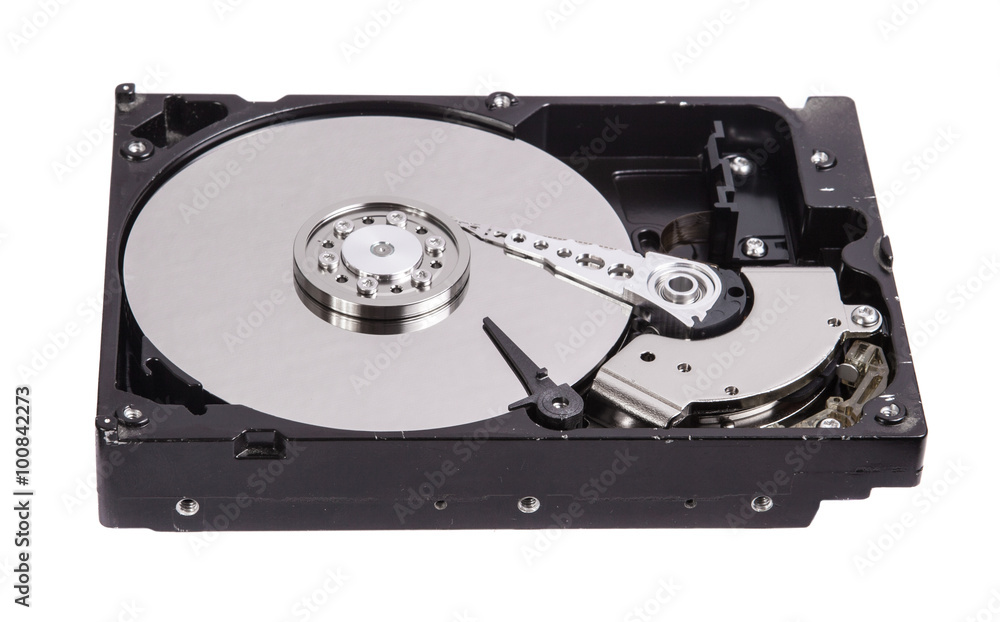old hard drive with the lid open on a white background old hard drive with the lid open on a white background