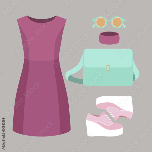 Set of trendy women's clothes. Outfit of woman dress and accessories. Women's wardrobe. Vector illustration