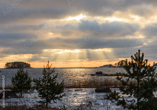 Winter evening at Baltic Sea with overcast sky