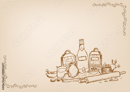 Baking and Cooking Wallpaper Line Art Style with Blank Space and Framed corners. Hand sketch illustration of Cooking Supplies and tools in Vintage style. Editable Clip Art. 
