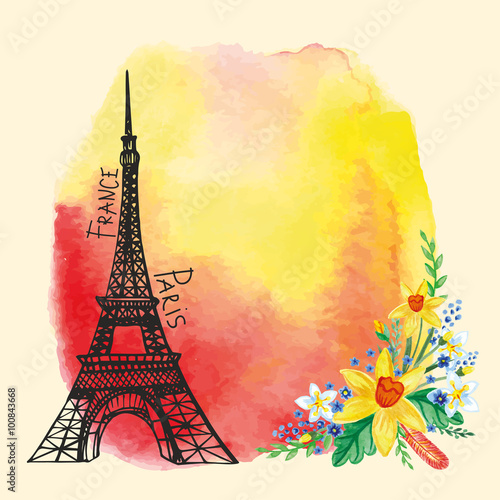 Paris card.Eiffel tower,Watercolor stain,Narcissus bouquet