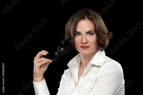 Sexy Female Model White Shirt Holding Sunglasses
