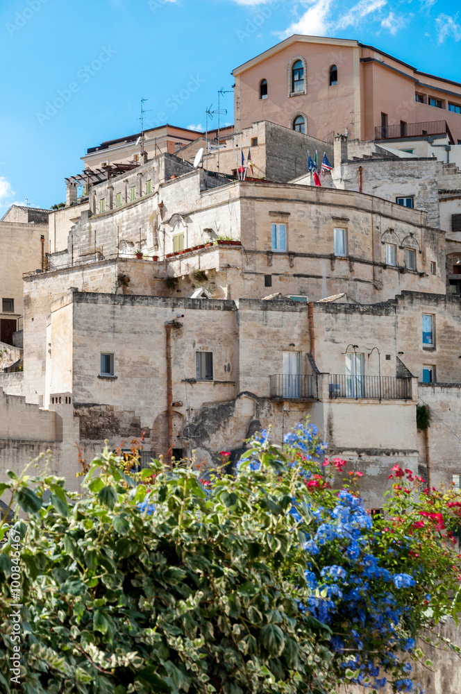Buildings and flowers at Sassi di Matera