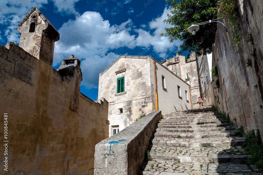 Street view of passage and stairs in ancient Sassi di Matera - Italy