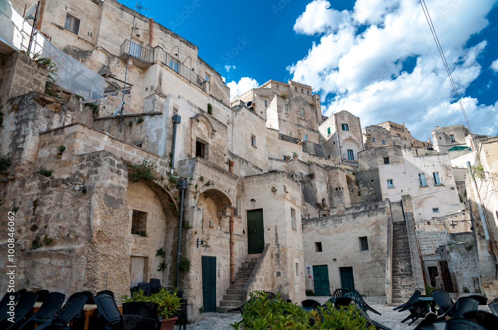 Street view of buildings in Matera ancient town Sassi di Matera - Italy