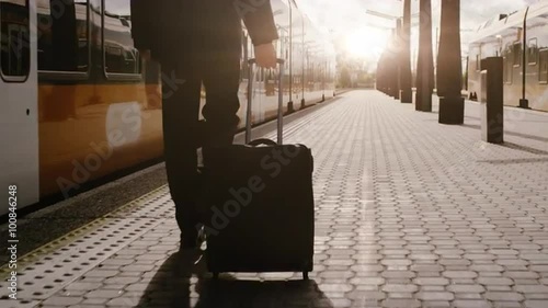  Confident Man With Luggage Walking on Railway Station at Sunset Time. Shot on RED Cinema Camera.