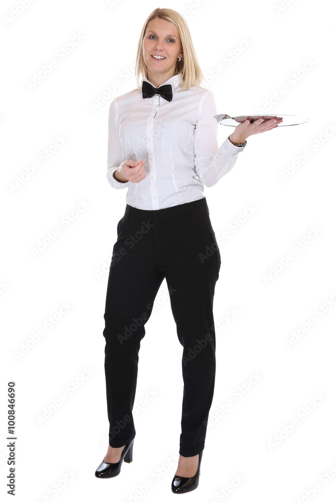 Kellner Ober Frau junge Kellnerin Restaurant blond Beruf Ganzkörper Freisteller Kellner Ober Frau junge Kellnerin Restaurant blond Beruf Ganzkörper Freisteller