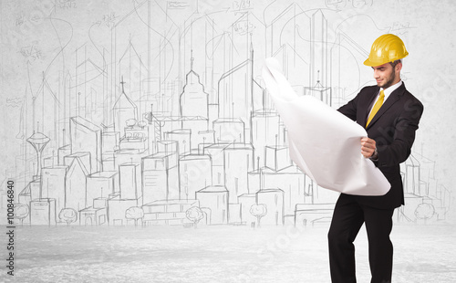 Construction worker with cityscape background