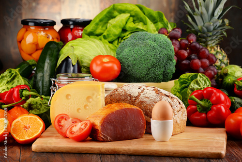 Fototapeta Naklejka Na Ścianę i Meble -  Organic food including vegetables fruit bread dairy and meat