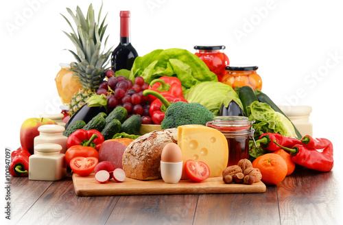Organic food including vegetables fruit bread dairy and meat