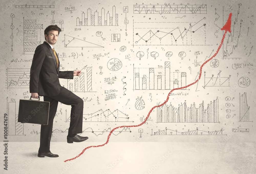 Business man climbing on red graph arrow concept Business man climbing on red graph arrow concept