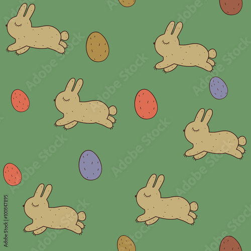 Seamless patterns with Easter bunnies and eggs.