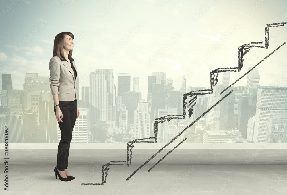 Business woman climbing up on hand drawn staircase concept Business woman climbing up on hand drawn staircase concept