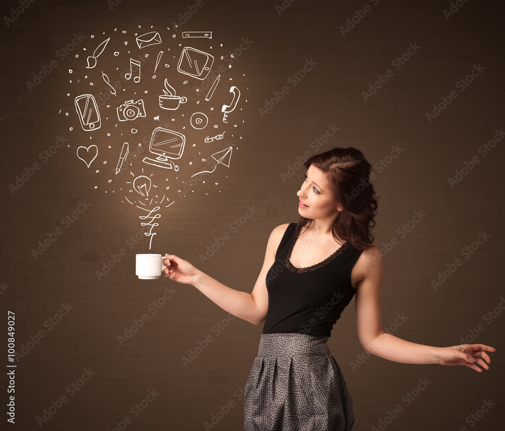 Businesswoman holding a white cup with social media icons Businesswoman holding a white cup with social media icons