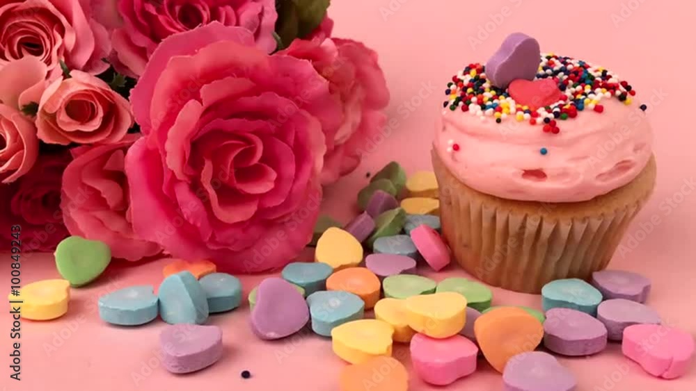 Valentine's Day scene with colorful candy hearts next to cupcake with bouquet of pink roses gets rained on candy sprinkles Valentine's Day scene with colorful candy hearts next to cupcake with bouquet of pink roses gets rained on candy sprinkles