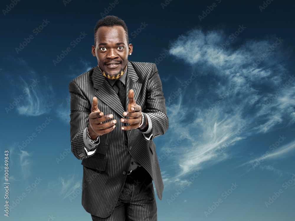 Double exposure of african satisfied businessman and blue overcast sky Double exposure of african satisfied businessman and blue overcast sky