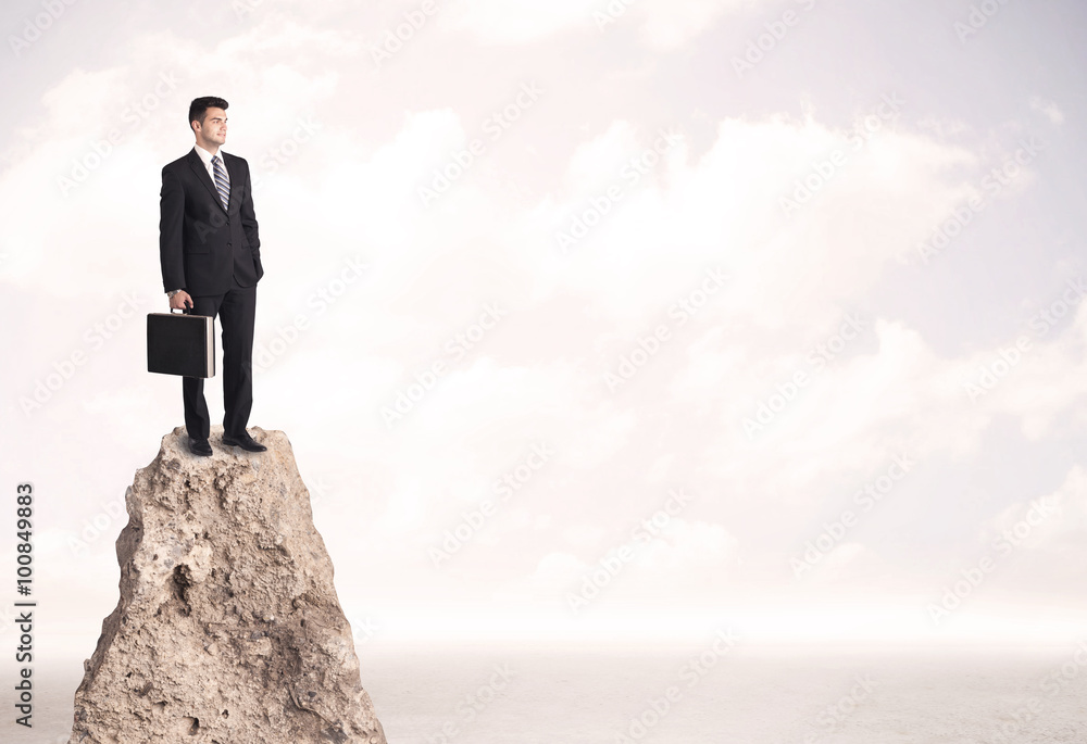 Happy businessman standing on cliff