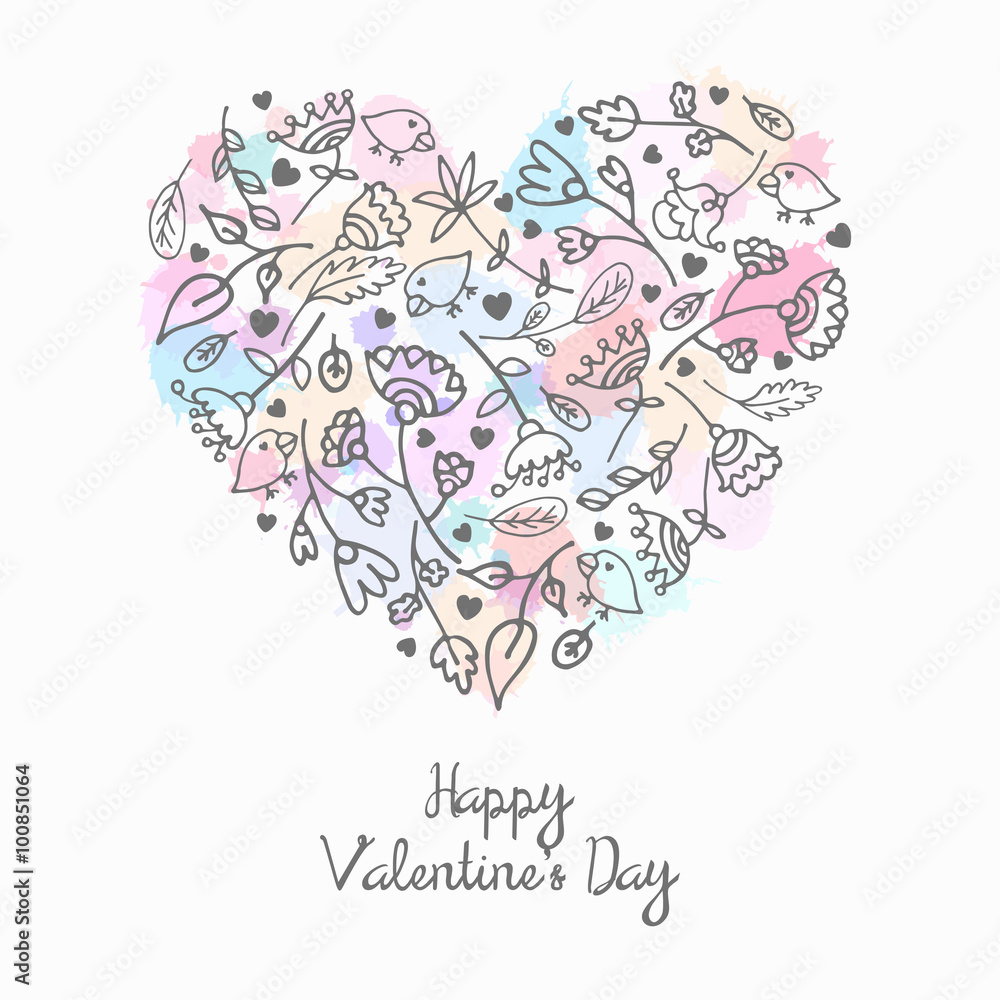 Romantic floral doodle heart with splash background. Vector illustration. Valentines Day, greeting card, wedding card Romantic floral doodle heart with splash background. Vector illustration. Valentines Day, greeting card, wedding card
