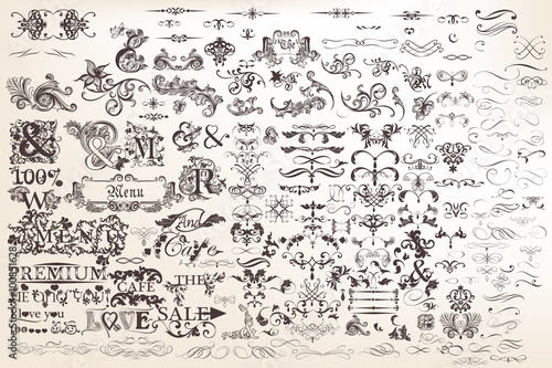 Set or collection of vector calligraphic elements and page decor
