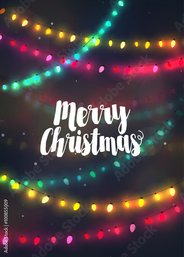 Cozy colorful Christmas lights garlands, greeting card with Merr