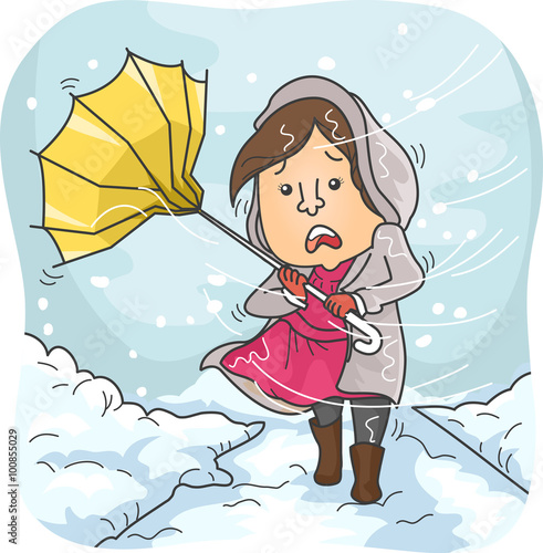 Girl Snow Overturned Umbrella Heavy Winds