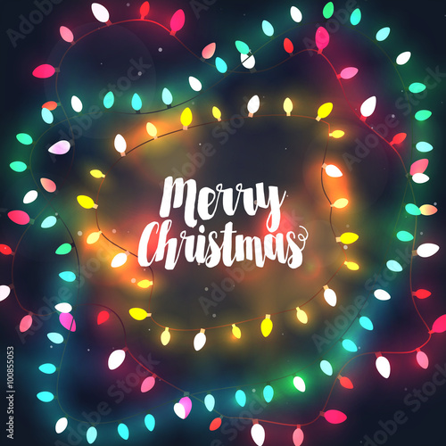 Cozy Christmas lights garlands, greeting card with Merry Christm