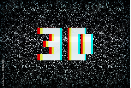 3D stereo effect 3D text on noisy black and white TV screen