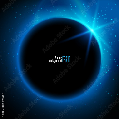 Eclipse illustration, planet in space in blue rays of light  vec