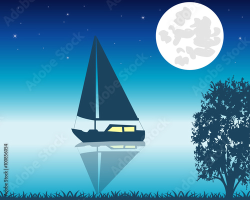 Sailing boat seaborne in the night