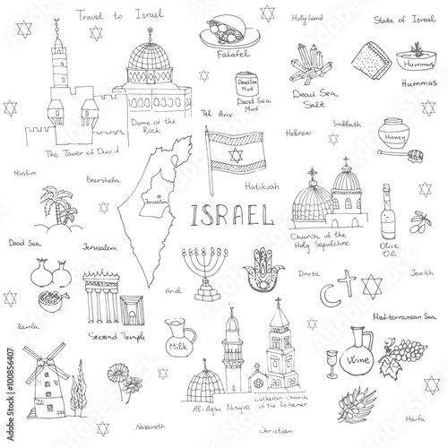 Set of hand drawn Israel icons, Jewish sketch illustration, doodle elements, Isolated national elements made in vector. Travel to Israel icons for cards and web pages