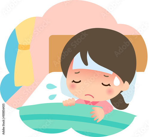 熱が出てベッドで寝ている若い女性