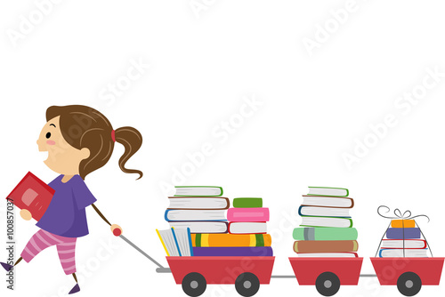 Stickman Kid Girl Books Cart Pull