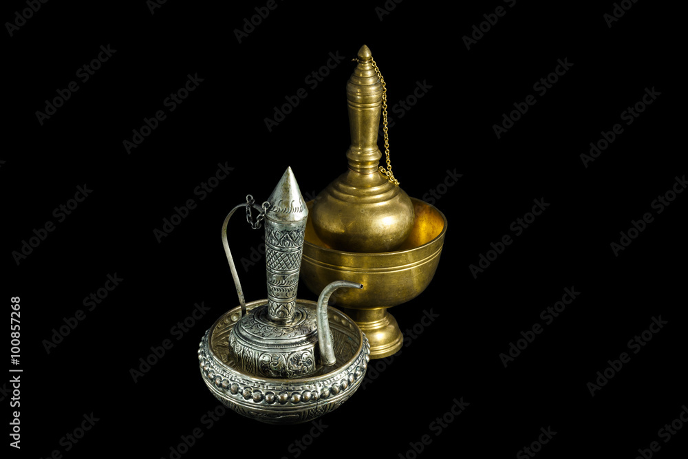 Old silver and brass ewer container pour water, Buddhism Old silver and brass ewer container pour water, Buddhism
