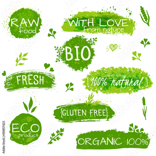 Set of logos, stamps, badges, labels for natural eco products, farms, organic. Floral elements and grungy texture. Green, pastel colors. Vector set of healthy organic food labels for vegetarian cafe