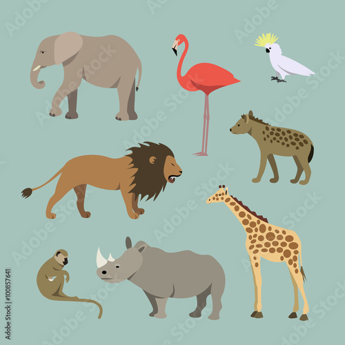 Set Of Different African Animals. Animals of the African savanah lioness  elephant  rhinoceros  giraffe  flamingo  monkey  hyena 