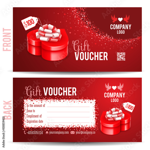 Gift voucher template with luxury red gift box in heart shape. Front and back side design. May be used as gift for Valentines Day or Wedding Day. Vector illustration.