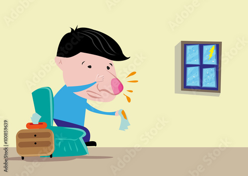 Cartoon drawing style of Man or child with Red Nose and Flu on a Rainy Day. Editable Clip Art.