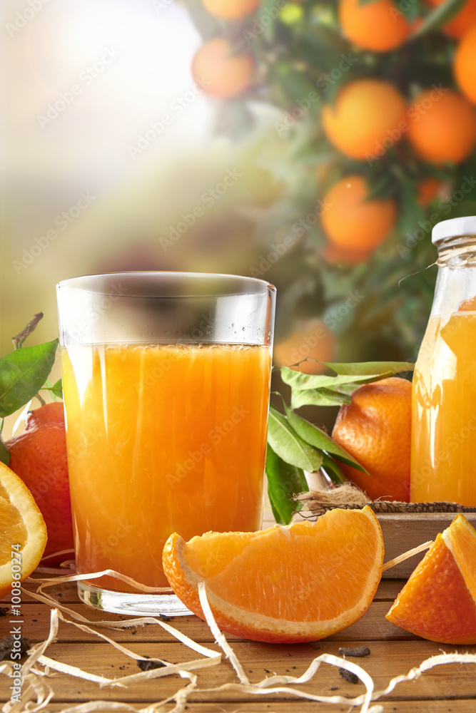 Glass of orange juice on a wooden in field vertical Glass of orange juice on a wooden in field vertical