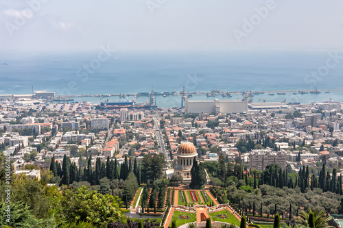 Panoramic view on Haifa harbor with Shrine of the Bab in foreground. Israel. 
 photo