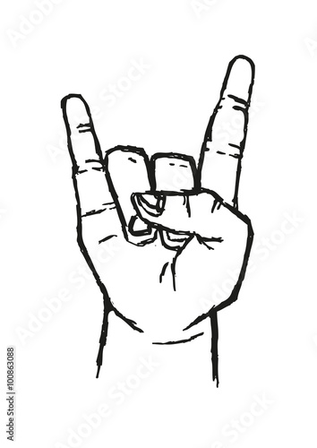 Sign of the Horns Hand Salute  or Sign Language Used in many alternative communications and popular with rock stars. Stylized Outline Art. Editable Clip Art.
