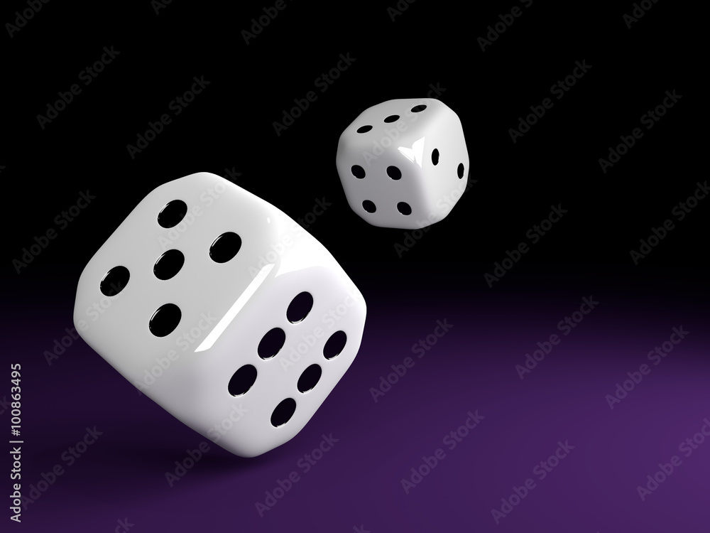 two dice rolling over violet table two dice rolling over violet table