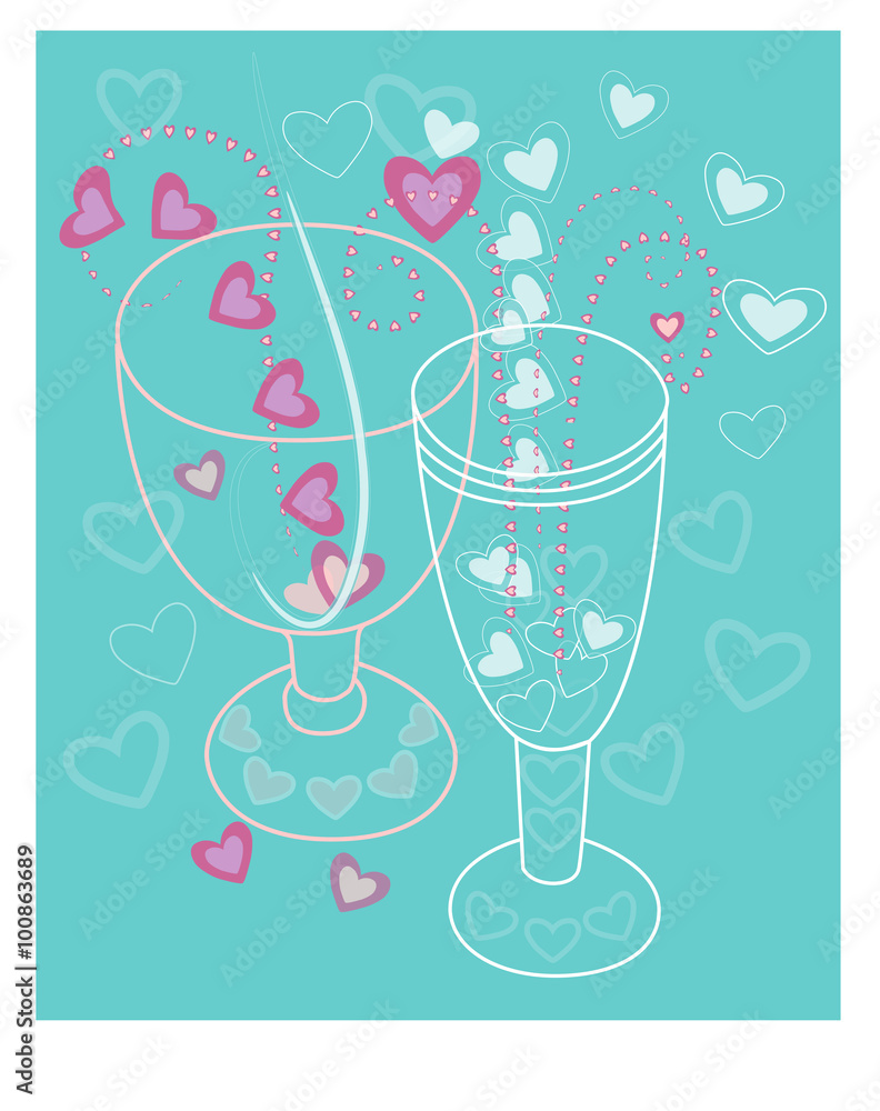 Two love wine glass with hearts. Two love wine glass with hearts.