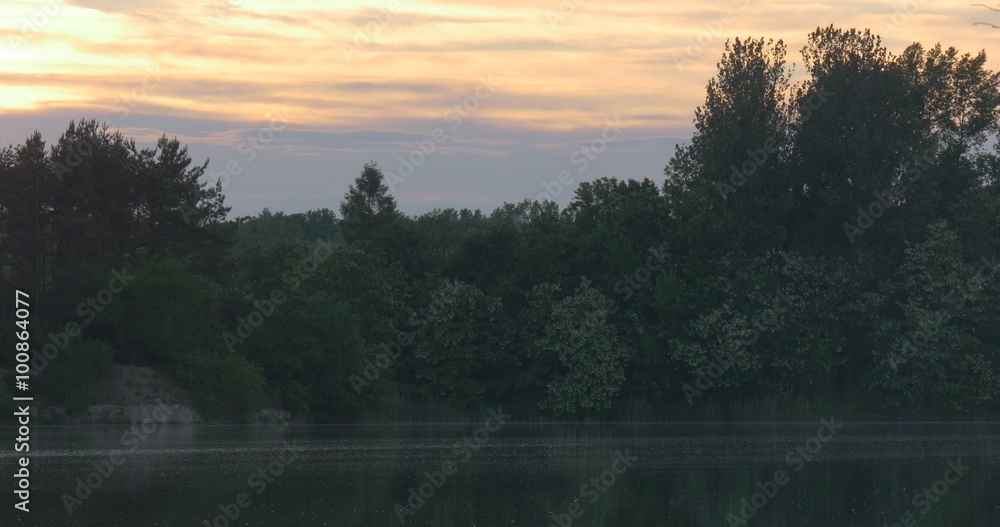 Sunset on The River, Silhouettes of Trees And Sky Reflection in Water Sunset on The River, Silhouettes of Trees And Sky Reflection in Water