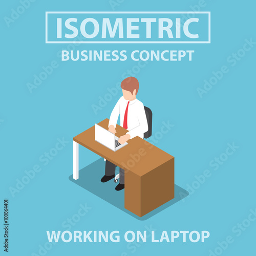 Isometric businessman working on laptop at his desk