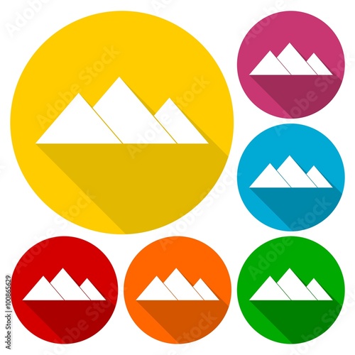 The pyramids at Giza in Egypt, pyramid complex icons set with long shadow