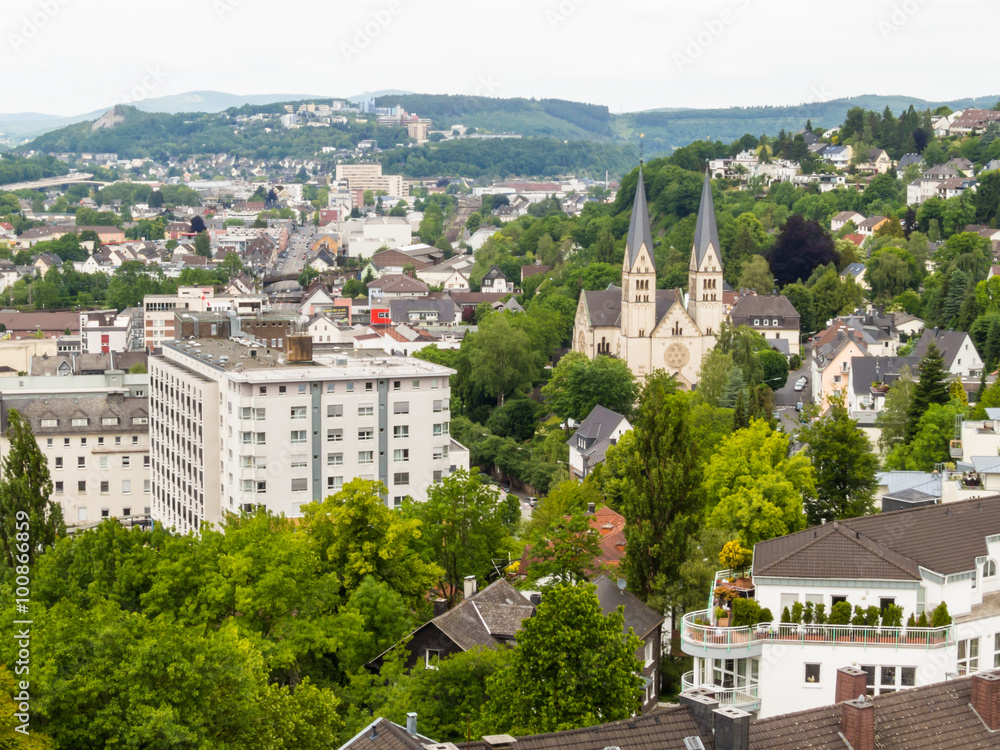 Aerial view of Siegen, city in Germany, in the south Westphalian part of North Rhine-Westphalia