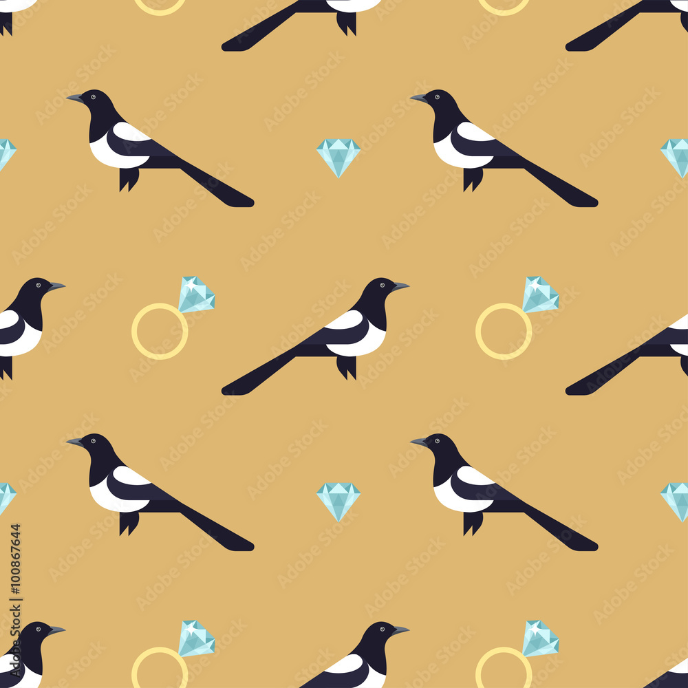 Fototapeta premium Vector seamless pattern with luxury golden rings and magpies.