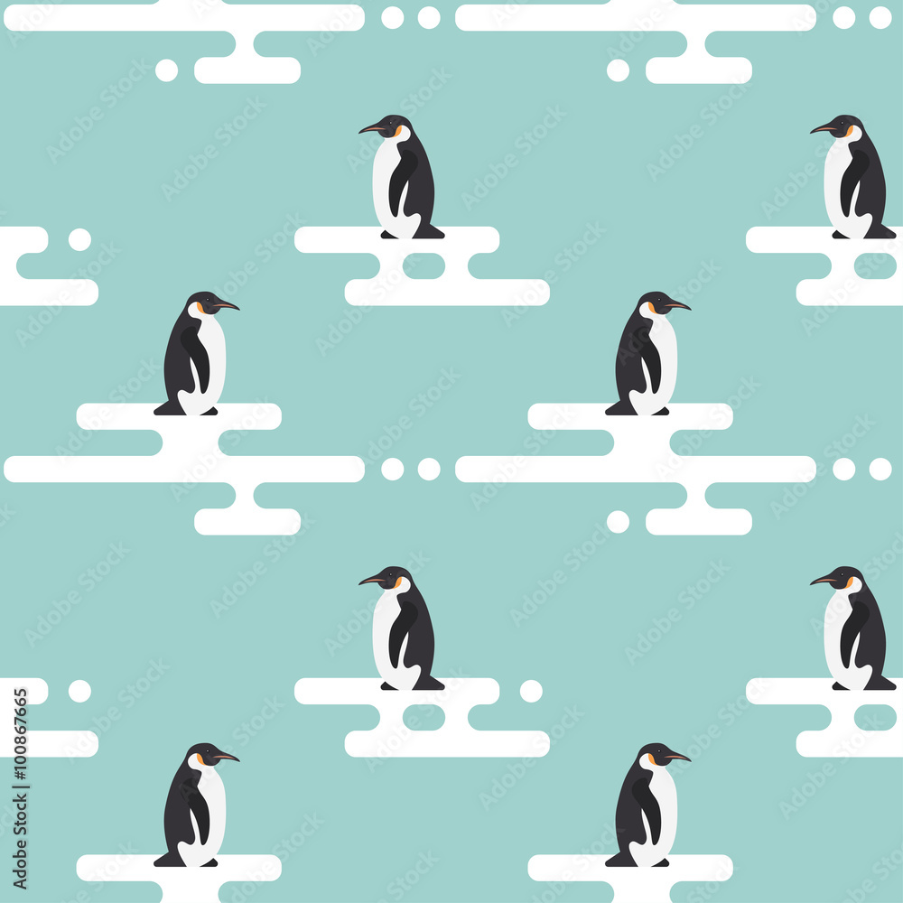 Fototapeta premium Seamless vector pattern with penguins standing on stylized glaci