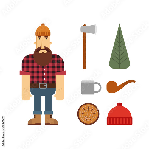Vector Lumberjack cartoon character with lumberjack icons. Lumbe