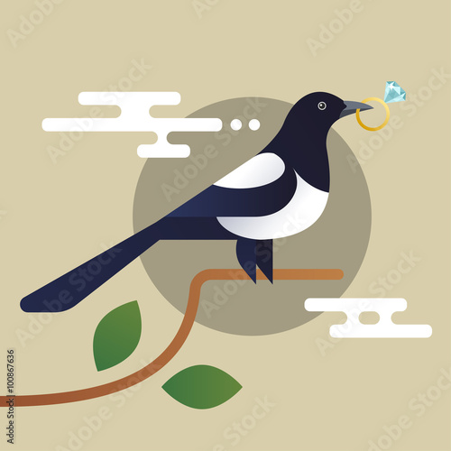 Vector illustration of magpie, holding the diamond.